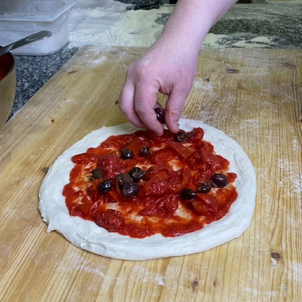 La mano de un chef dejando caer aceitunas negras enteras de forma uniforme sobre una pizza cruda con una base rica en tomates.