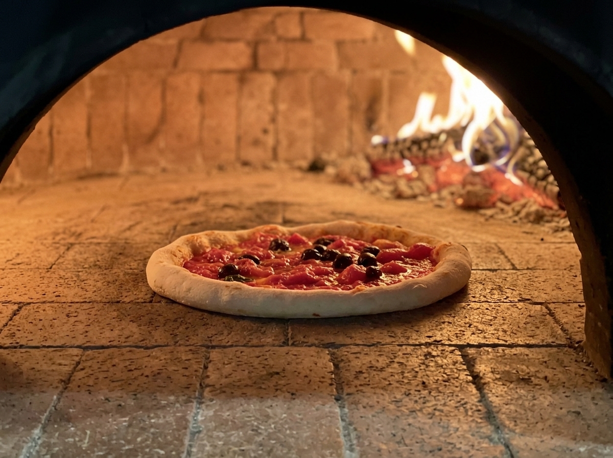 Una pizza napolitana burbujeando directamente sobre el suelo de piedra de un horno de leña muy caliente con llamas brillantes.