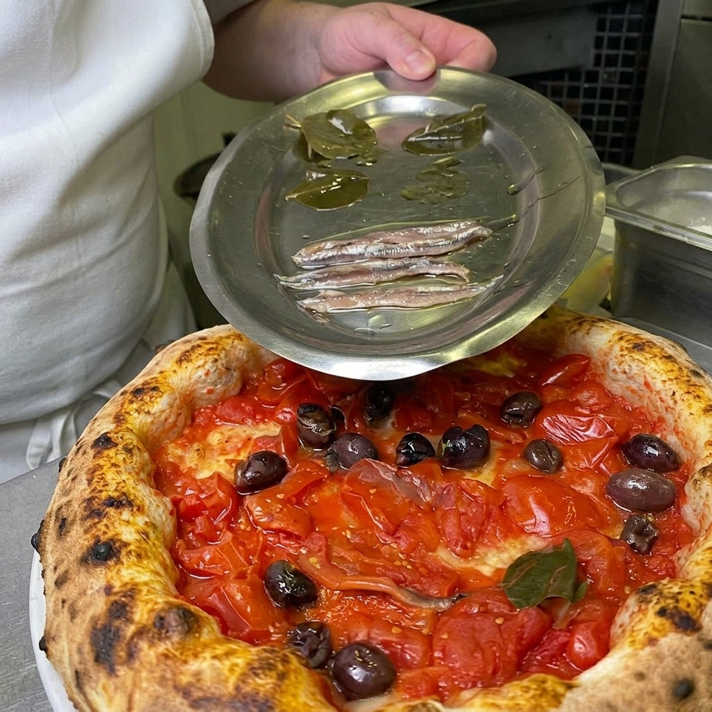 Un chef sosteniendo un plato pequeño con anchoas y hojas de alcaparra sobre una pizza marinara napolitana recién horneada.