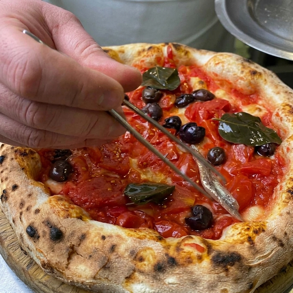 Unas pinzas colocando un filete de anchoa plateado sobre una pizza horneada con tomates, aceitunas y hojas de alcaparra.