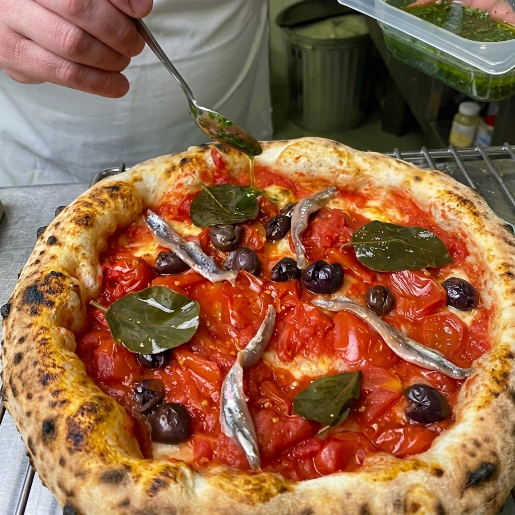Una cuchara vertiendo una vibrante salsa verde de ajo y apio sobre una pizza con anchoas, aceitunas y tomates.