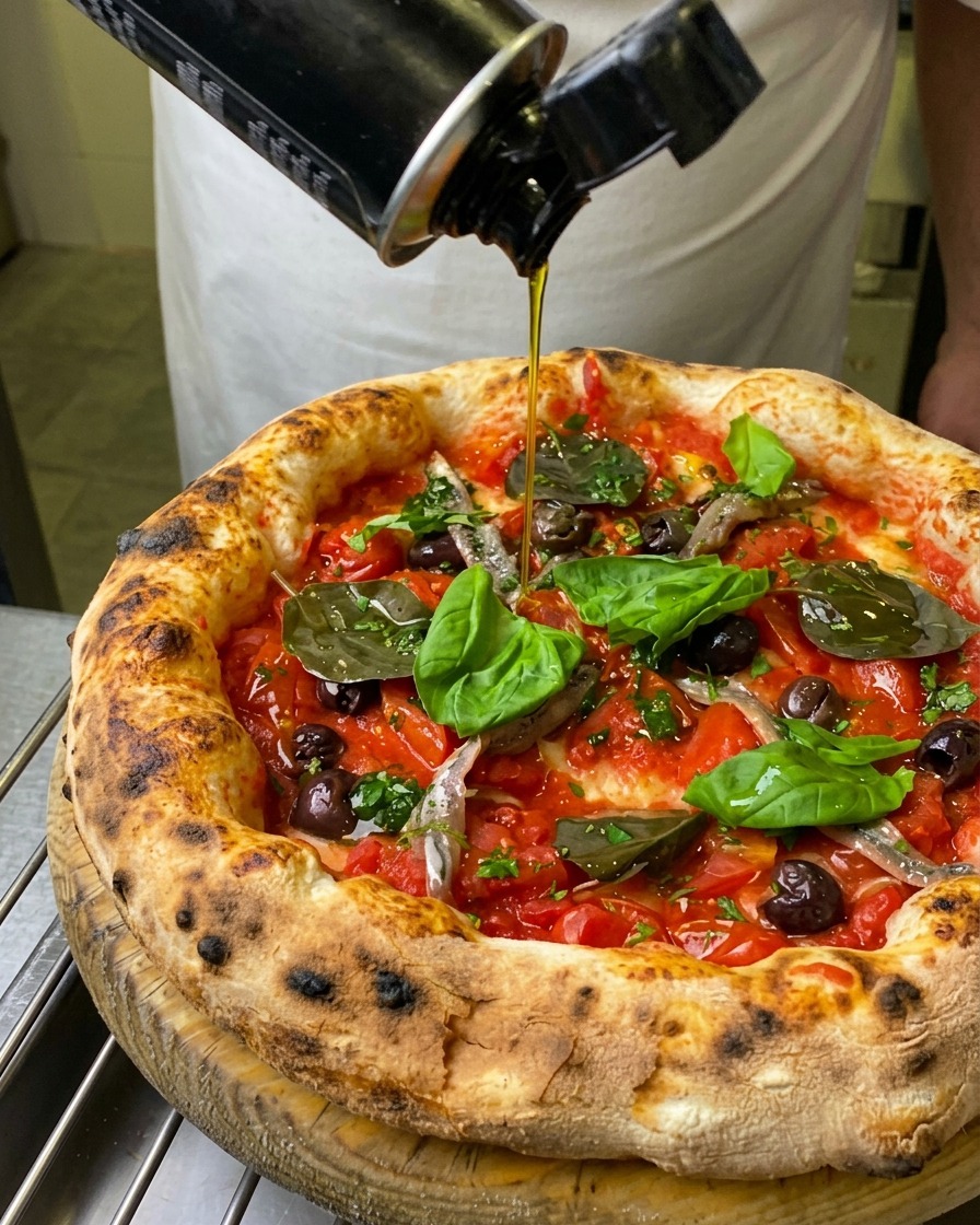 Un chorro constante de aceite de oliva virgen extra cayendo desde una botella negra sobre una pizza Marinara totalmente decorada.
