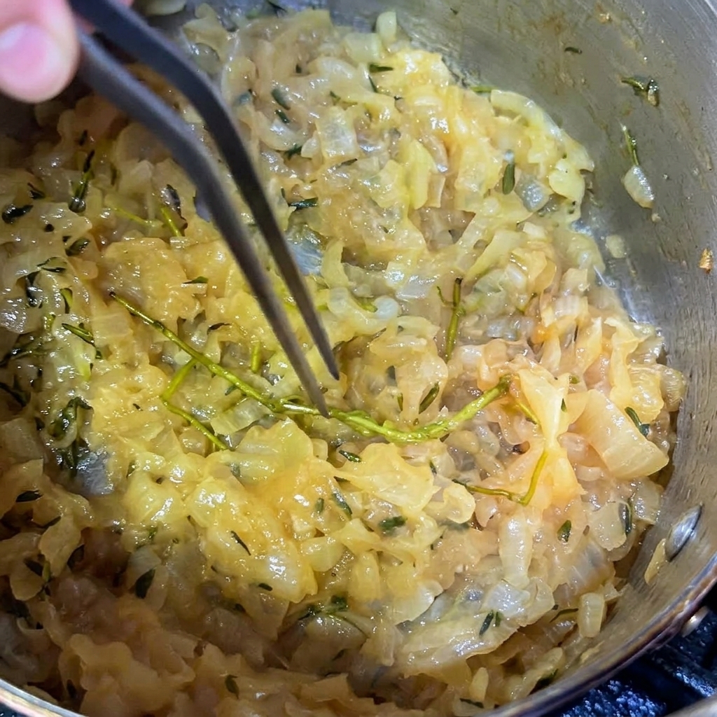 Unas pinzas retirando una rama larga de tomillo de una olla con cebollas caramelizadas doradas.