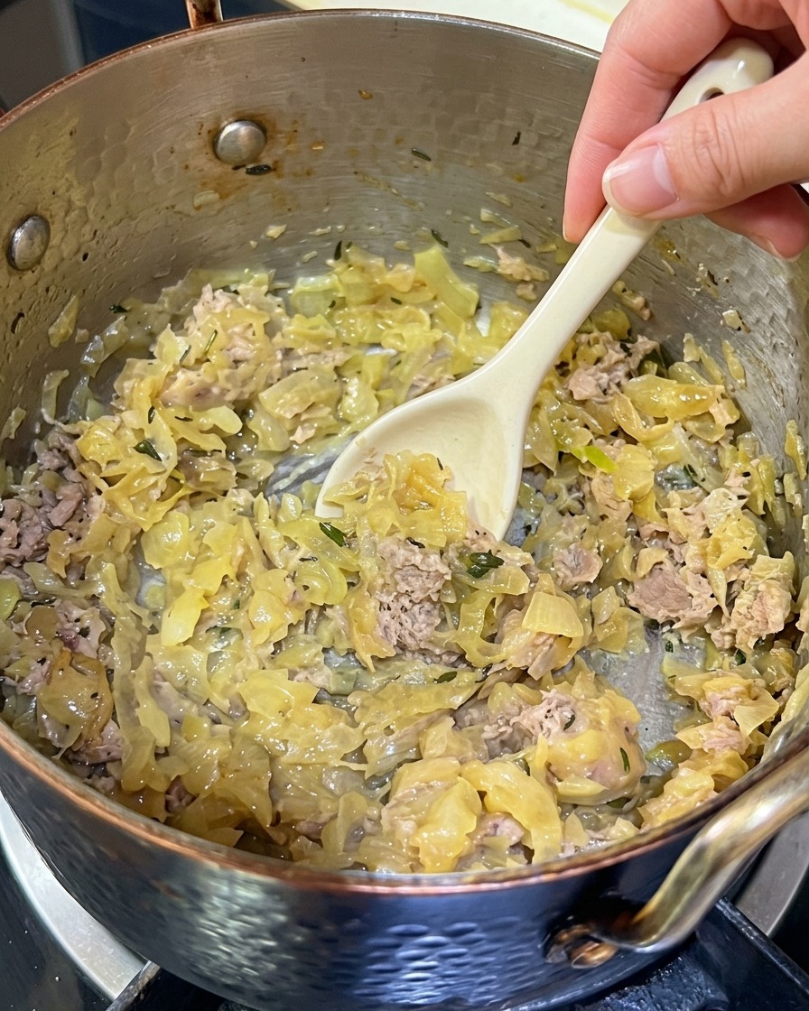 Una mano usando una cuchara para integrar la pasta de pescado en las cebollas doradas y tiernas dentro de una olla.