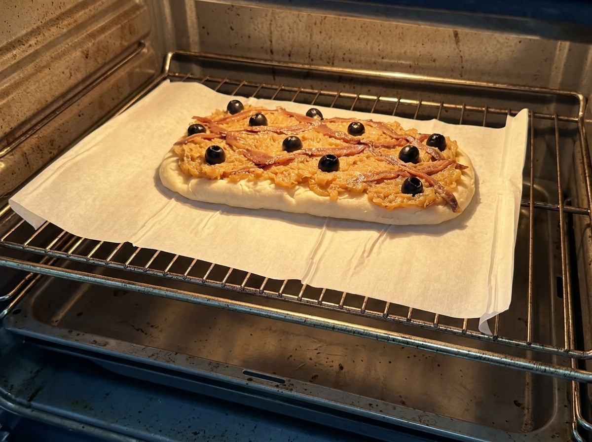 Una Pissaladière montada sobre papel de horno dentro de un horno caliente.