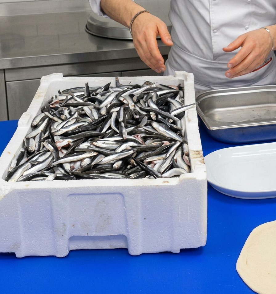 Un chef manipulando una caja de boquerones frescos plateados sobre una superficie de trabajo.