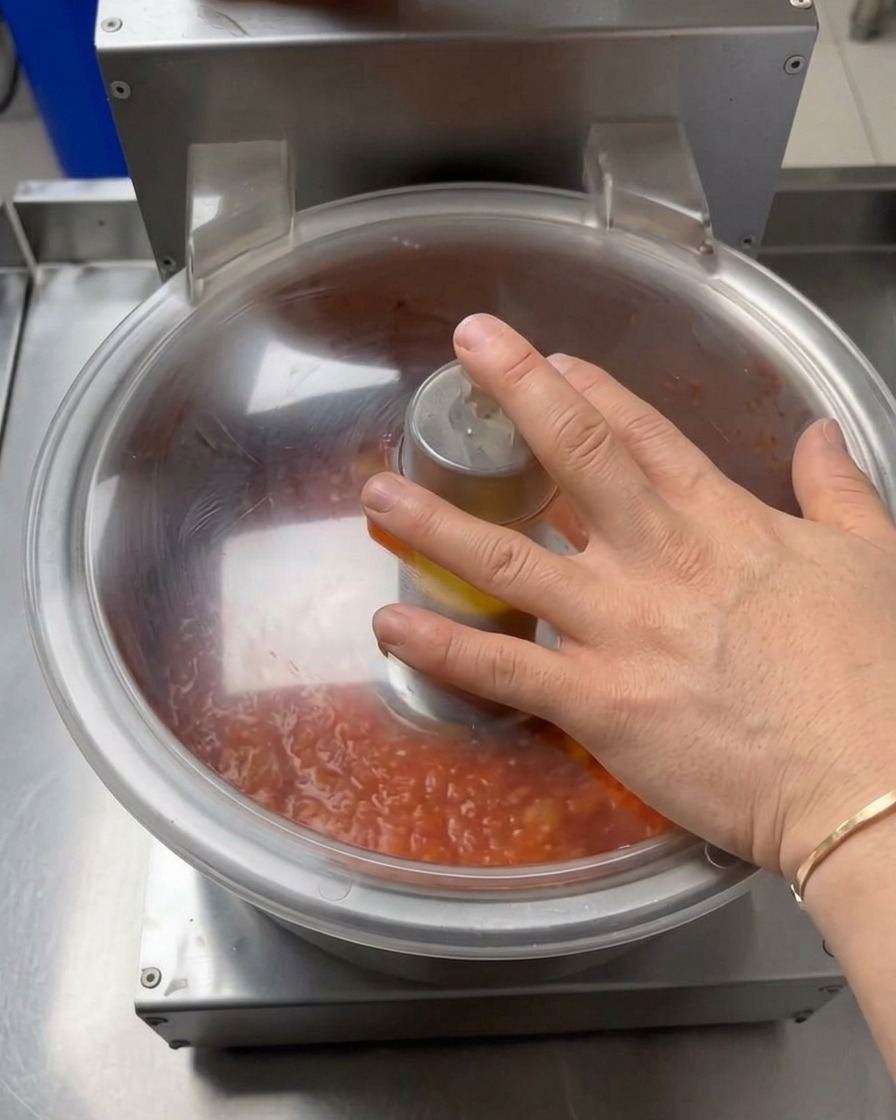 Una mano presionando la tapa de un procesador de alimentos mientras tritura tomates frescos.