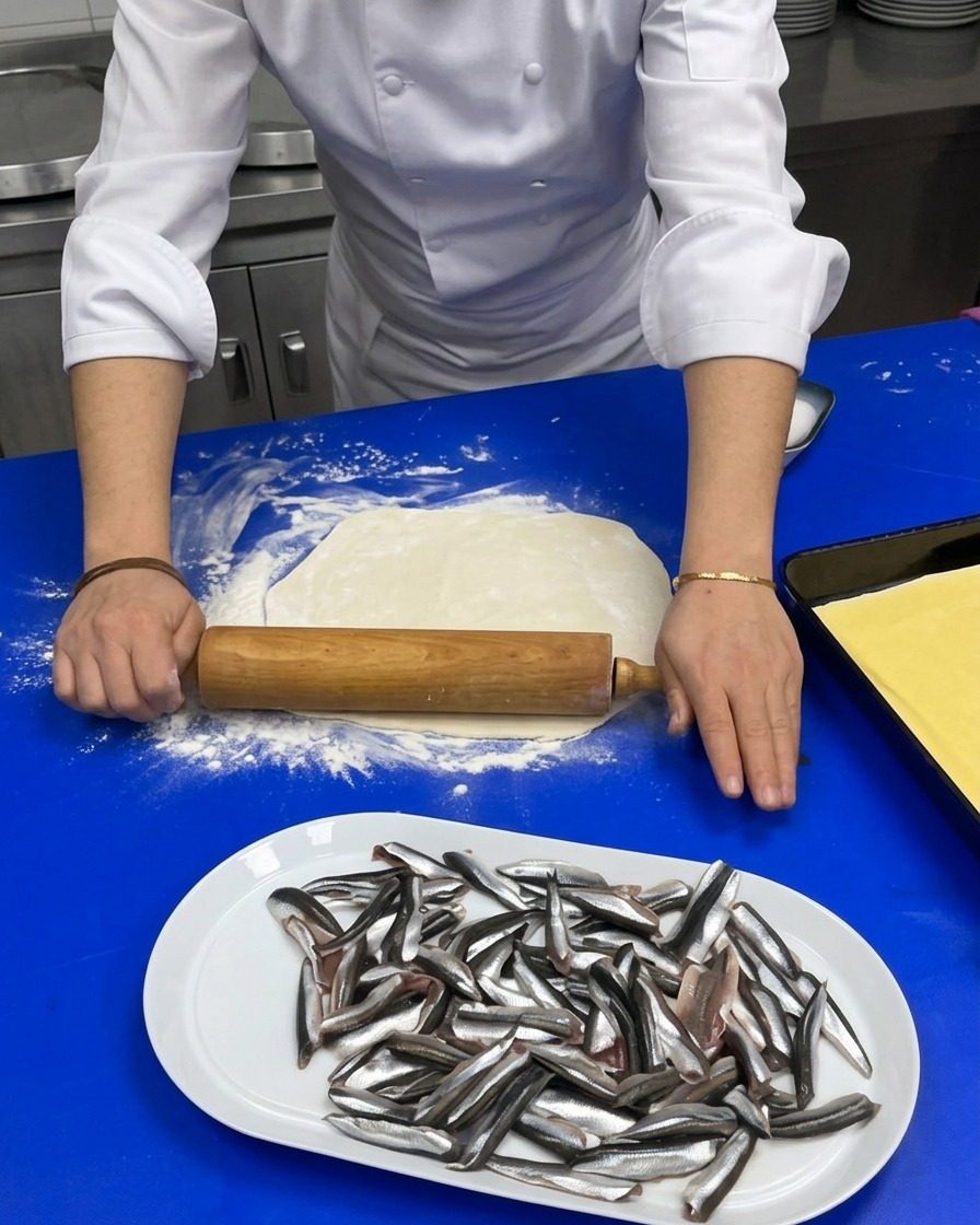 Manos de un chef usando un rodillo de madera para estirar un círculo de masa de pizza.