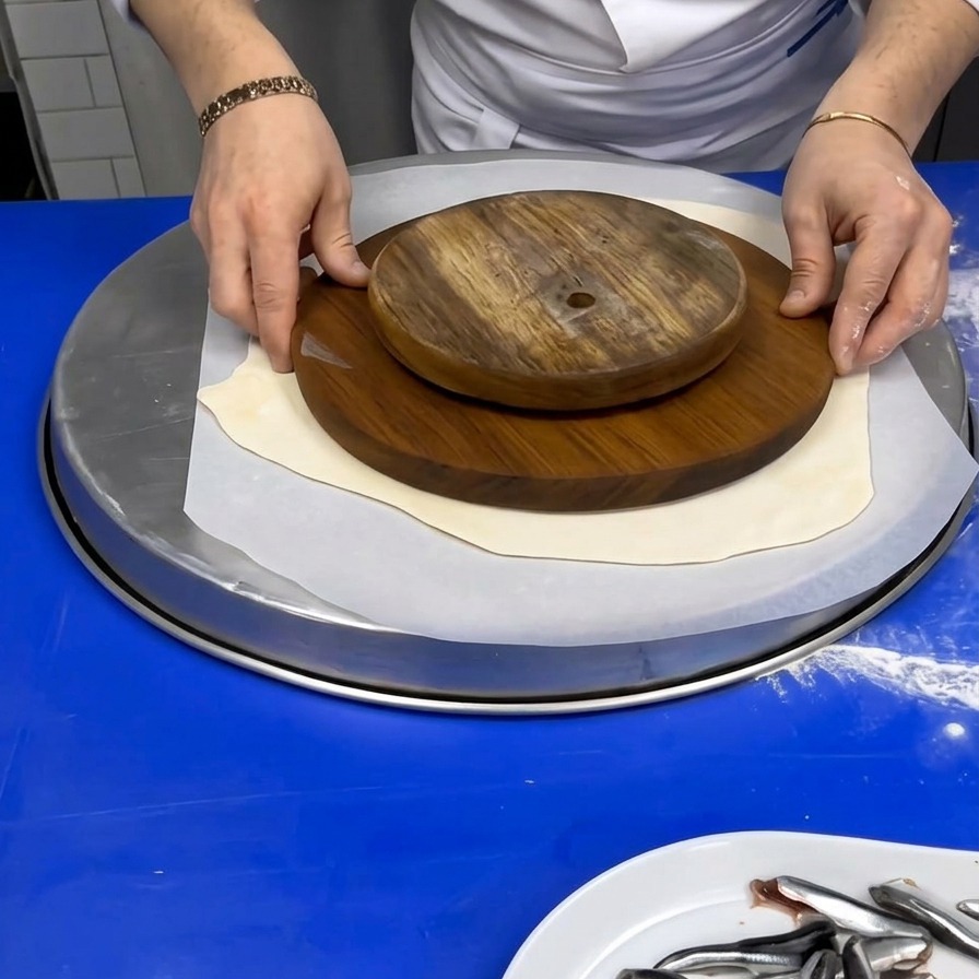 Chef colocando un molde circular sobre una lámina de masa extendida en una bandeja.