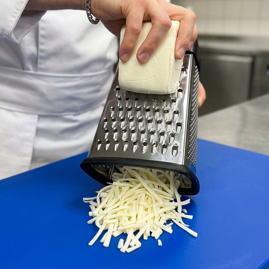 Manos de un chef rallando un bloque de queso blanco sobre una tabla de corte azul.