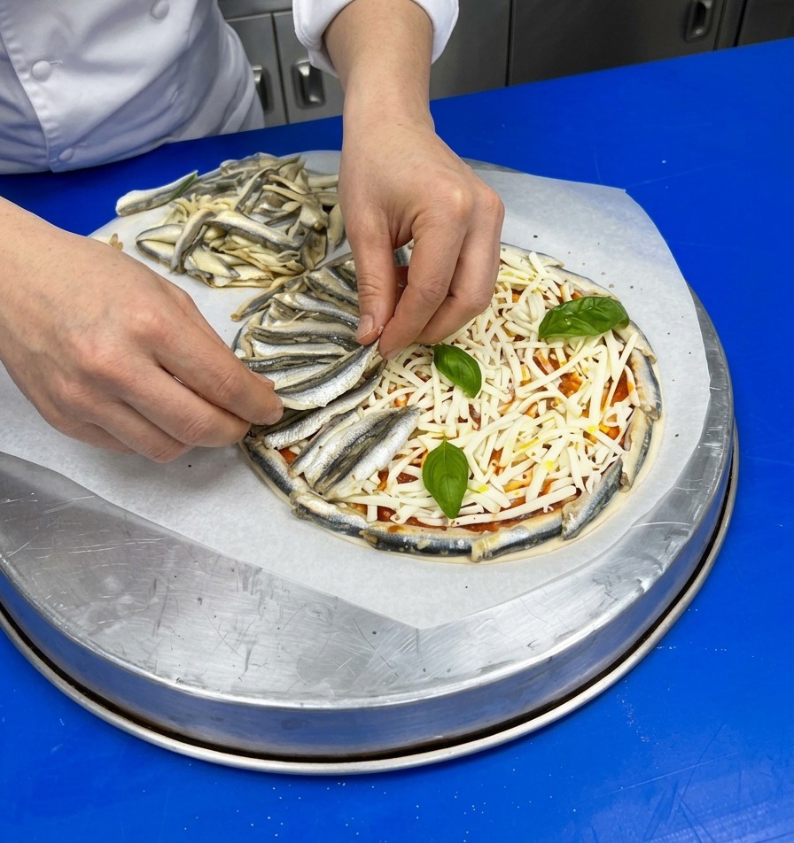 Chef colocando meticulosamente lomos de boquerón en un patrón concéntrico sobre el queso.