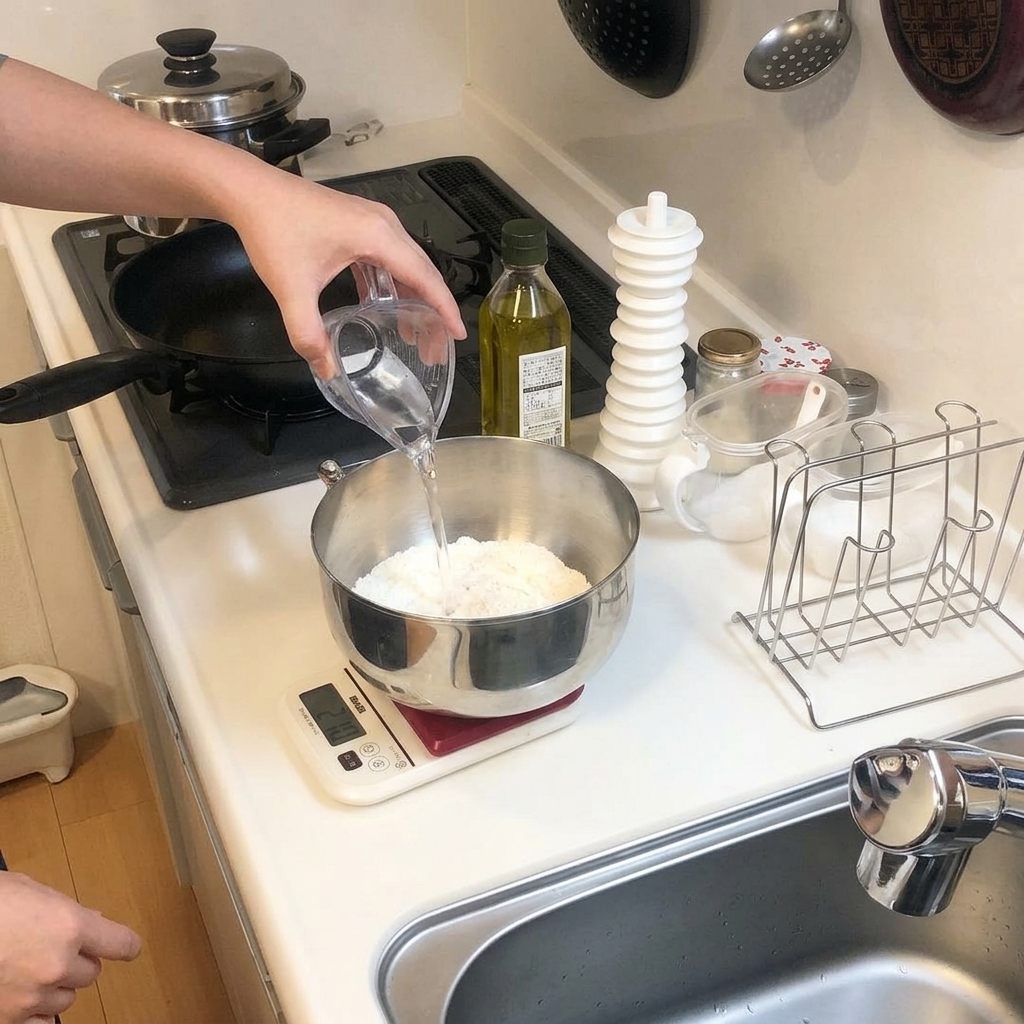 Mano vertiendo agua clara de una taza medidora de plástico en un tazón con ingredientes secos.