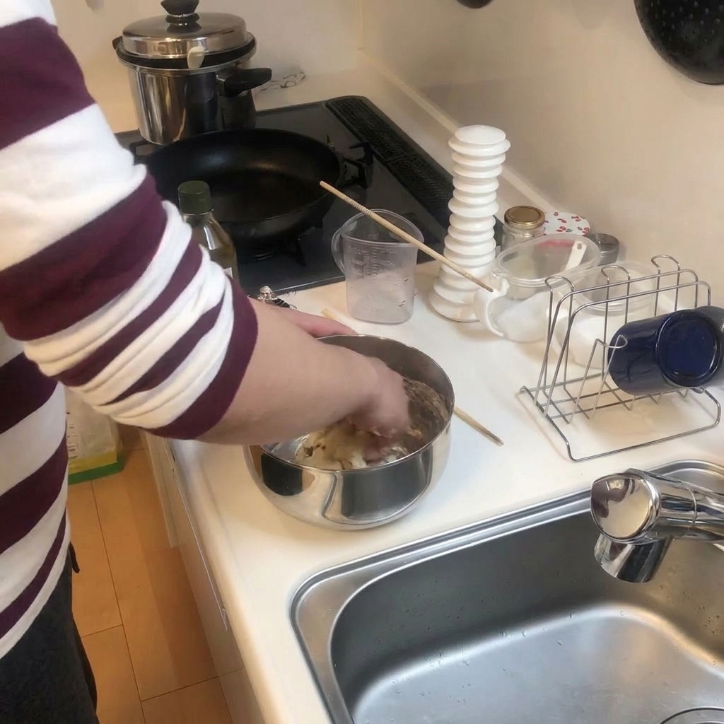 Una persona amasando a mano una bola de masa para pizza dentro de un tazón de metal, con palillos de madera descansando en el borde.