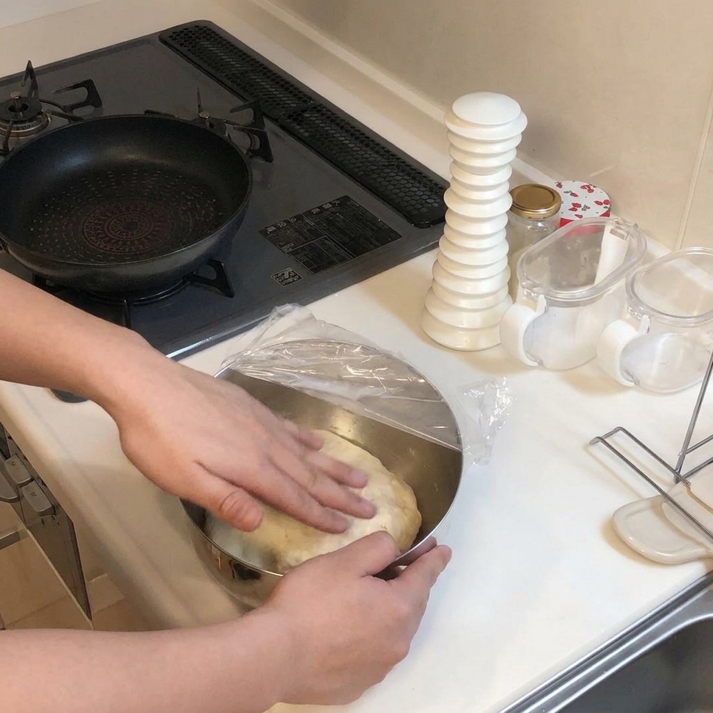 Manos presionando hacia abajo una bola de masa de pizza suave y fermentada dentro de un tazón de metal cubierto con papel film.