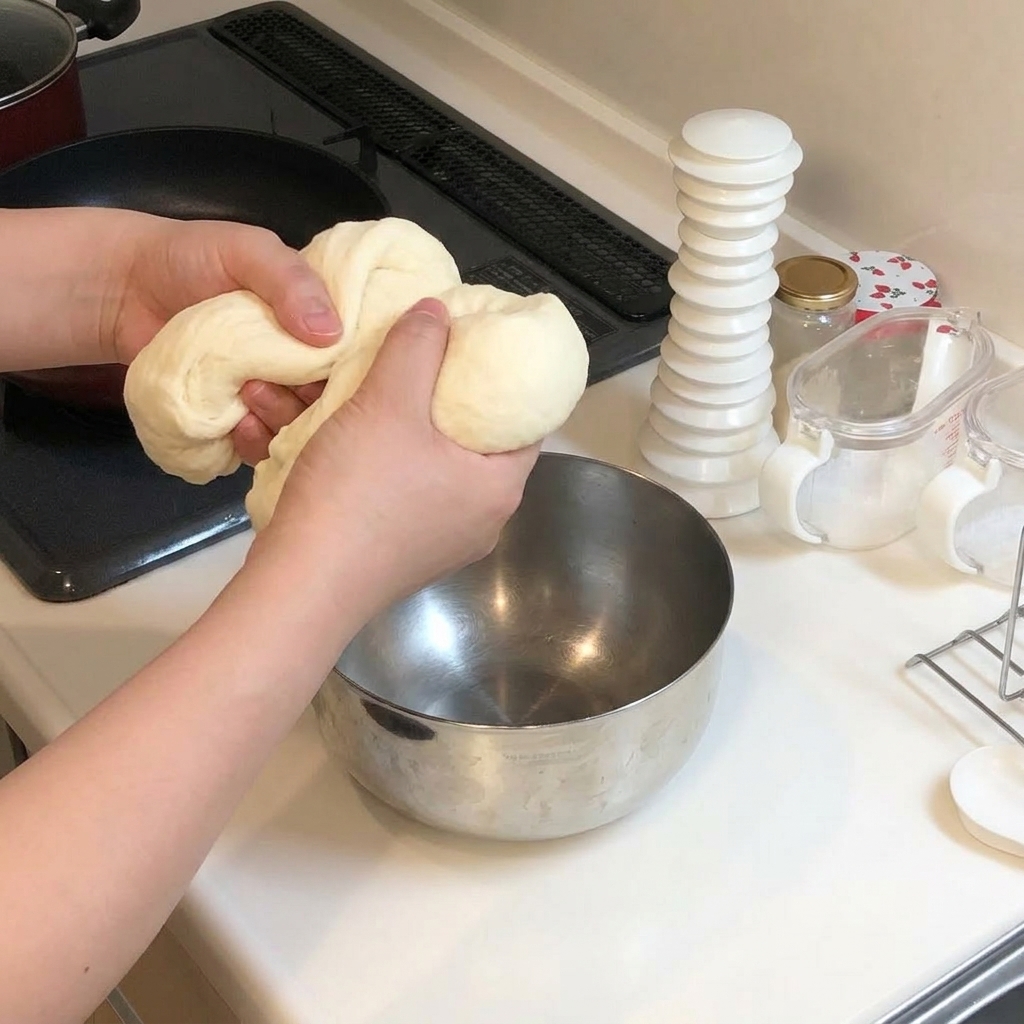 Dos manos tirando y partiendo un trozo grande de masa cruda de pizza en dos mitades más pequeñas.