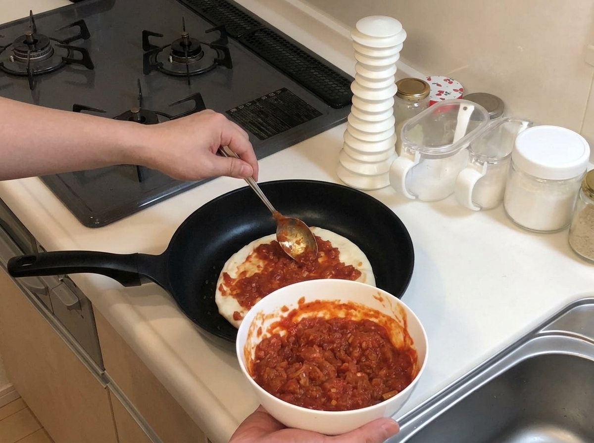 Usando el dorso de una cuchara de metal para extender una rica salsa roja de manera uniforme sobre una base de masa de pizza cruda en una sartén.