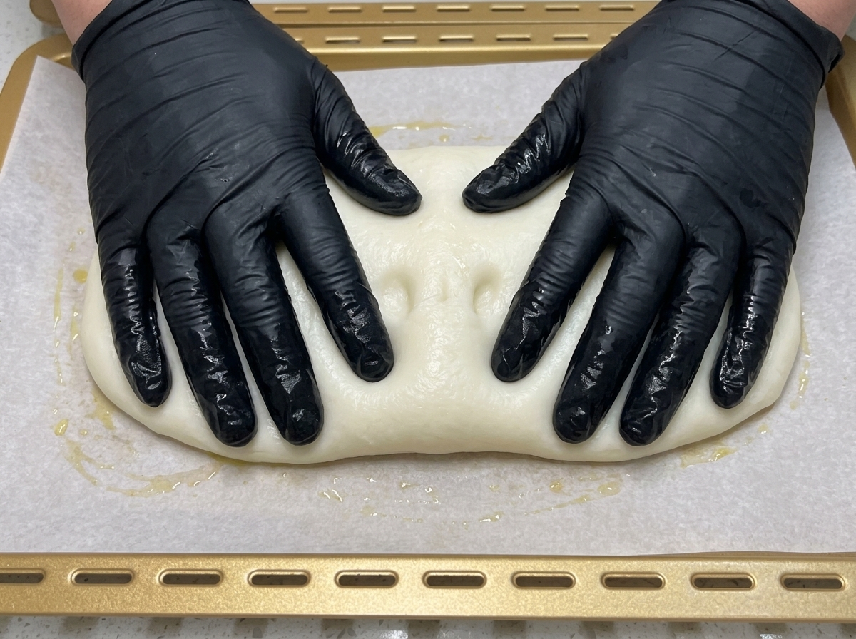 Manos presionando y estirando la masa de pizza sobre una bandeja de horno con papel vegetal.