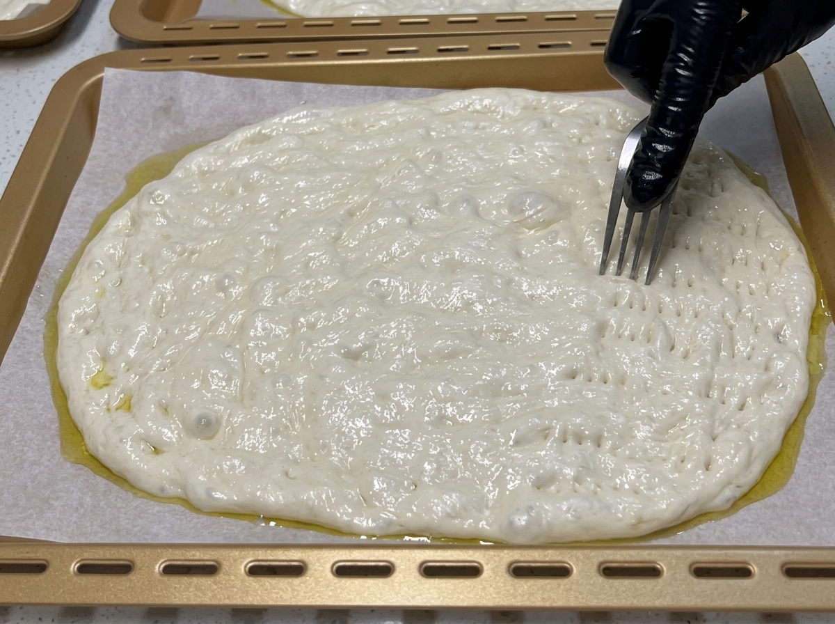 Mano con guante usando un tenedor para pinchar la superficie de la masa de pizza extendida.