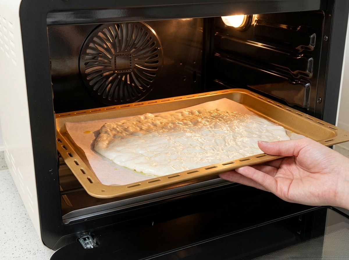 Una mano introduciendo la bandeja con la masa de pizza en un horno precalentado.