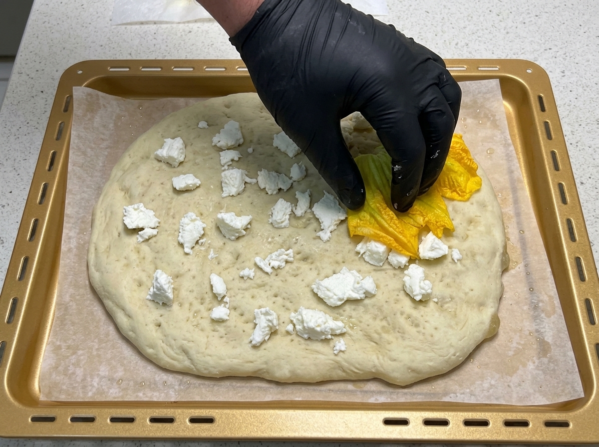 Mano colocando flores de calabaza abiertas sobre la base de pizza con mozzarella.