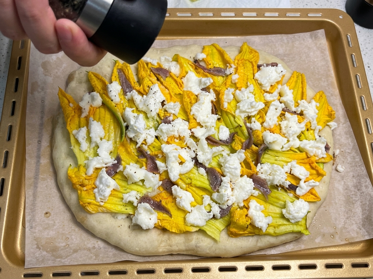 Mano usando un molinillo de pimienta sobre la pizza montada con flores, anchoas y mozzarella.