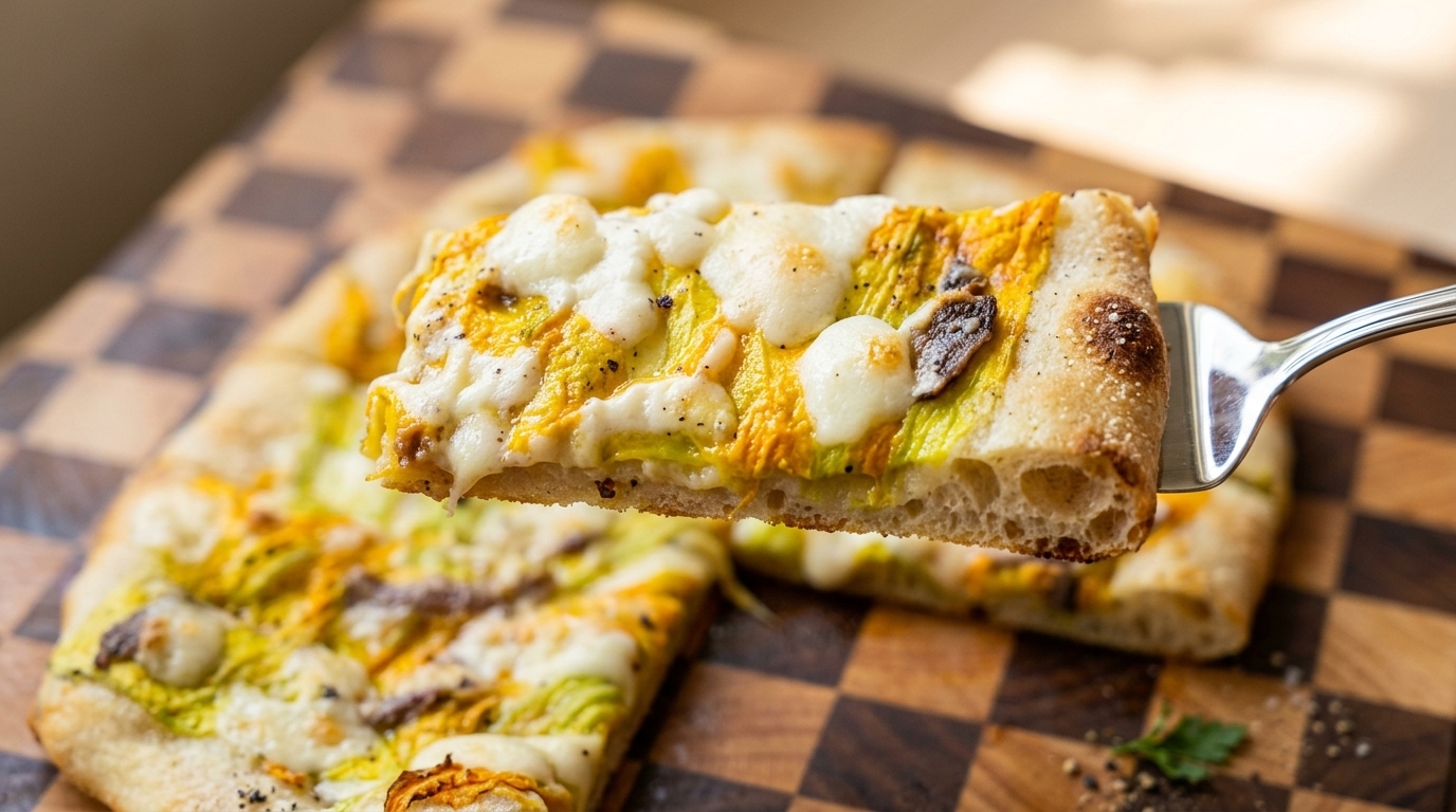 Pizza artesanal con flores de calabaza y anchoas
