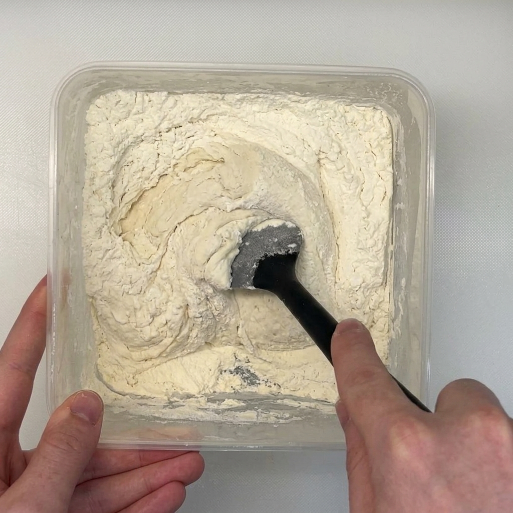 Una espátula incorporando harina blanca seca en un fermento burbujeante dentro de un recipiente.