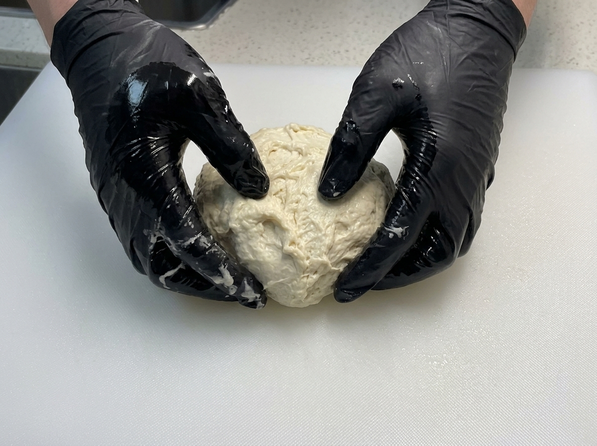 Manos con guantes negros dando forma a una bola de masa brillante y pegajosa sobre una tabla blanca.