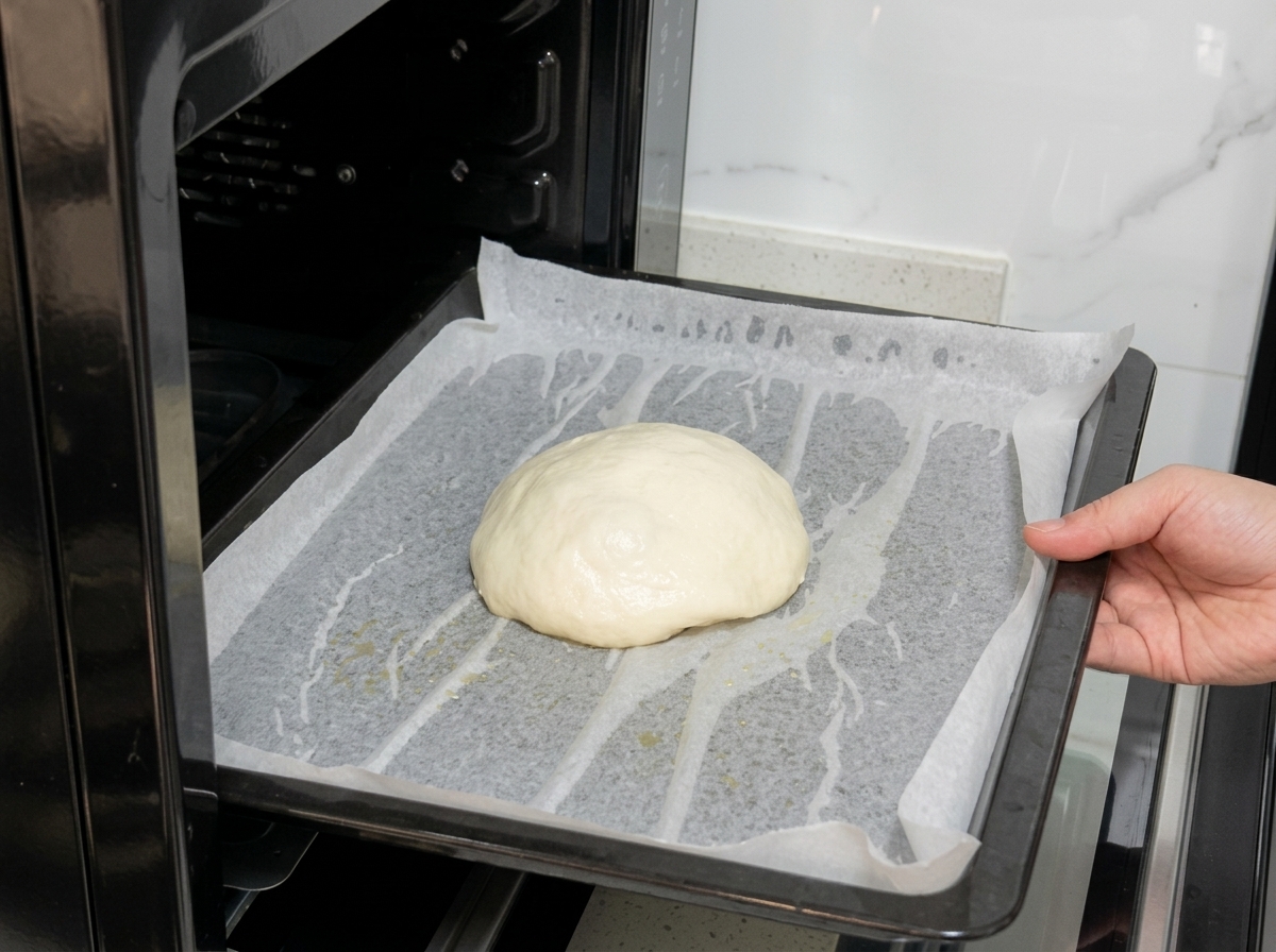 Una mano colocando una bandeja de horno con una bola de masa en un horno apagado.
