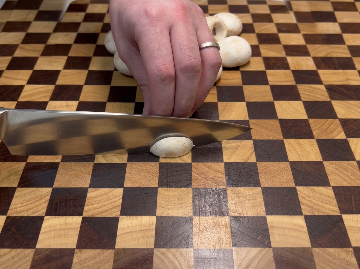 Una mano usando un cuchillo de chef para cortar champiñones blancos sobre una tabla de madera.