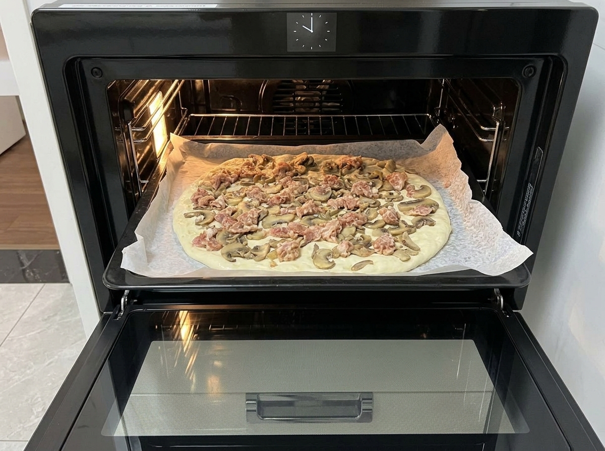 Una bandeja de horno con la pizza de champiñones y salchicha entrando en un horno precalentado.