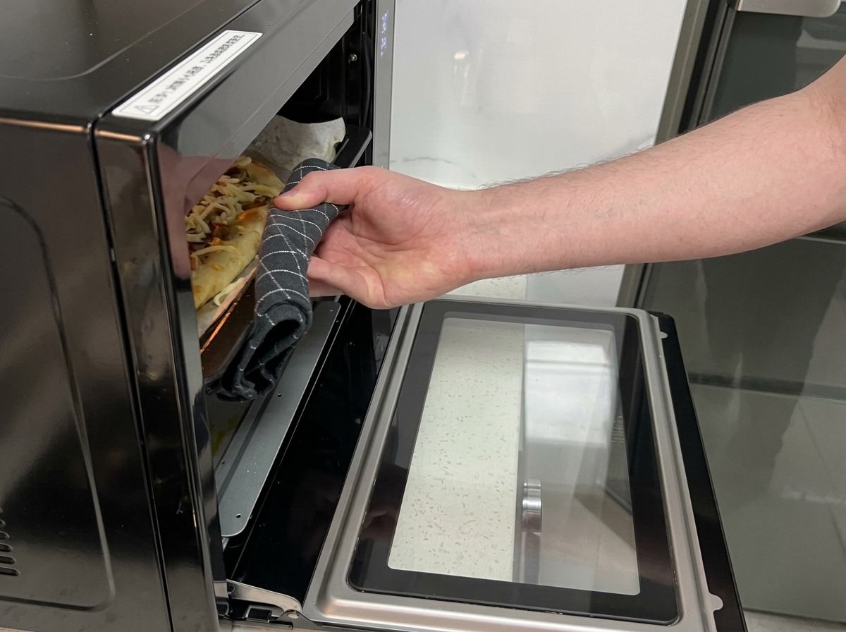 Una mano con un guante de cocina deslizando la pizza con queso en un horno de sobremesa.