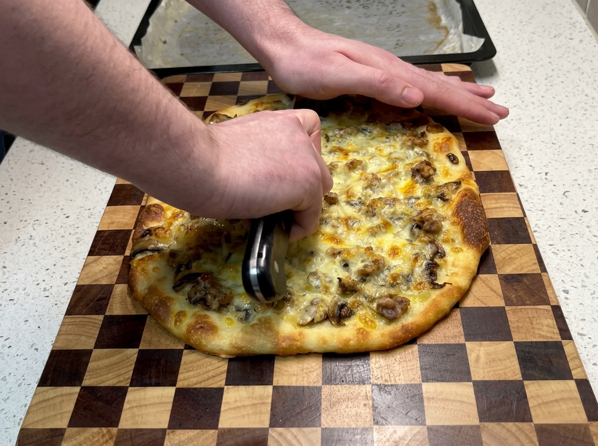 Dos manos presionando un cuchillo grande curvo para cortar la pizza recién horneada sobre una tabla de madera.