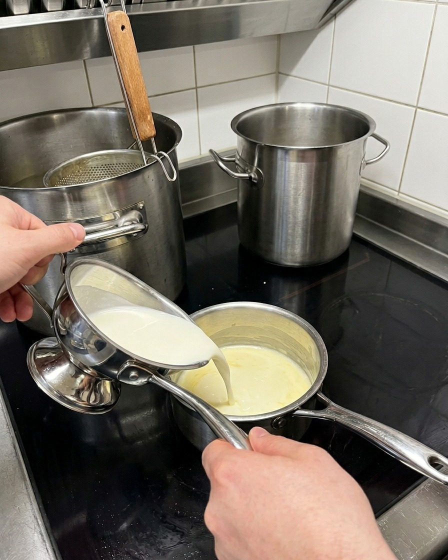 Vertiendo leche lentamente en un cazo con roux.