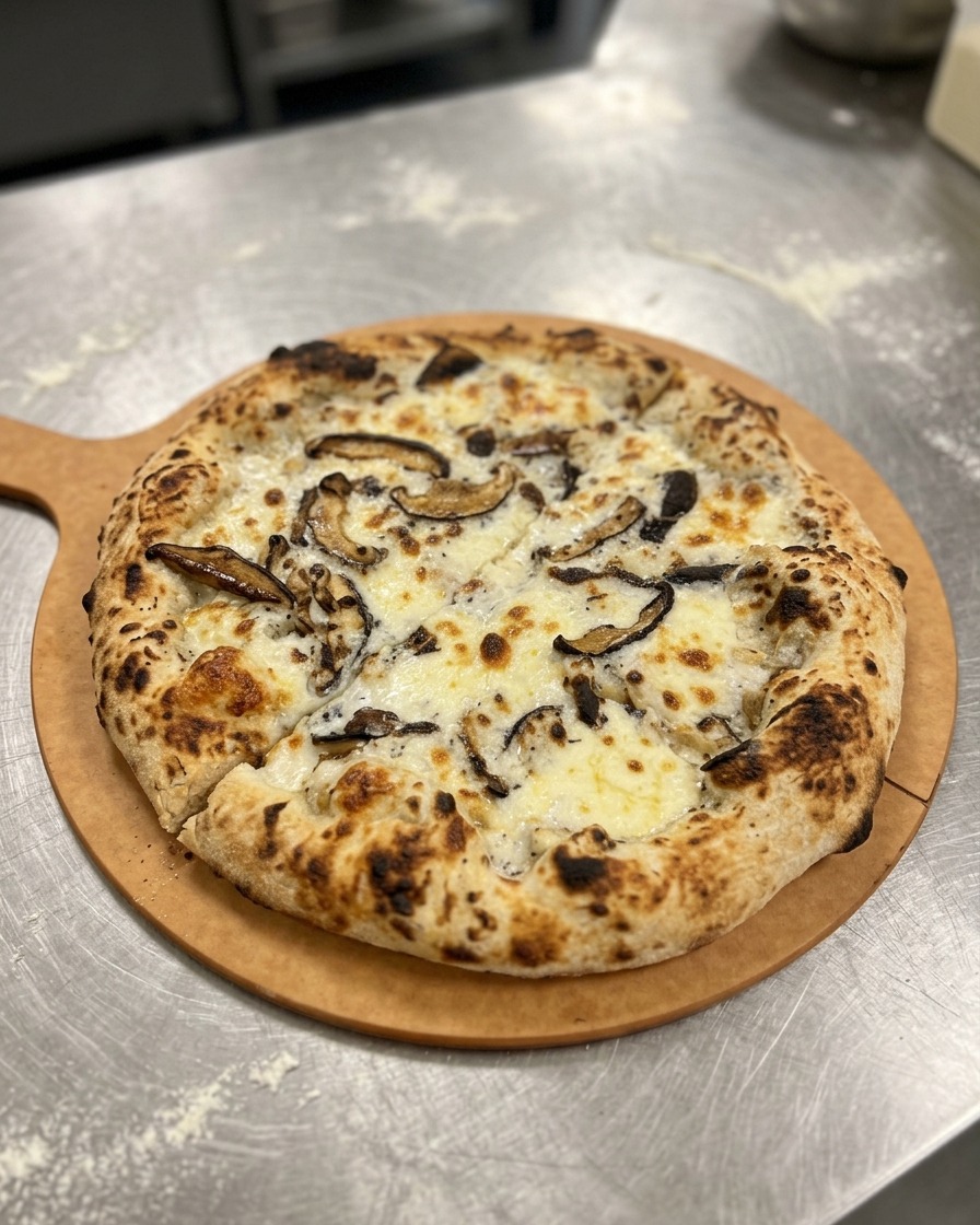 Pizza de champiñones recién horneada cortada en cuatro trozos sobre una pala de madera.