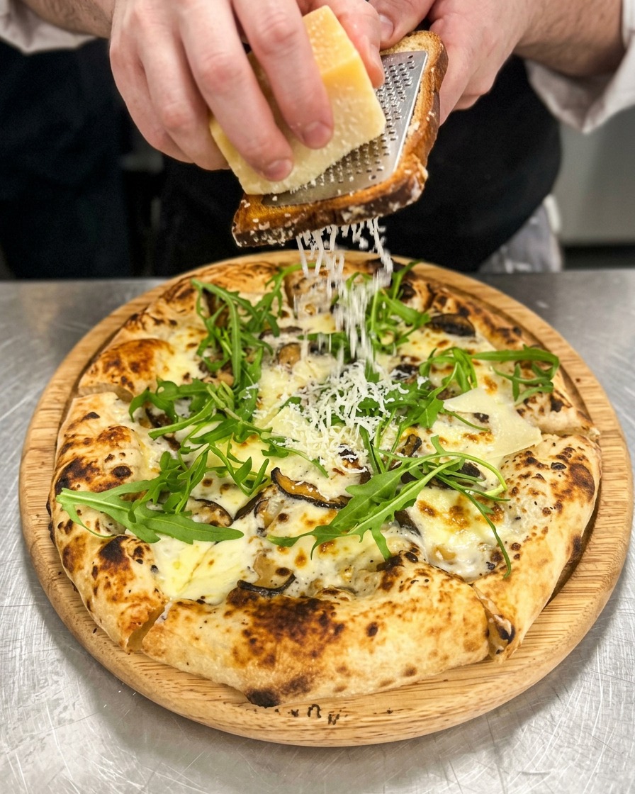 Persona rallando un bloque de queso parmesano sobre una pizza de champiñones y rúcula.