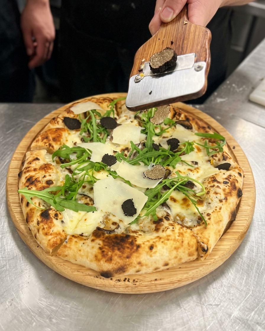 Laminador de trufas cortando láminas finísimas de trufa negra fresca sobre una pizza decorada.