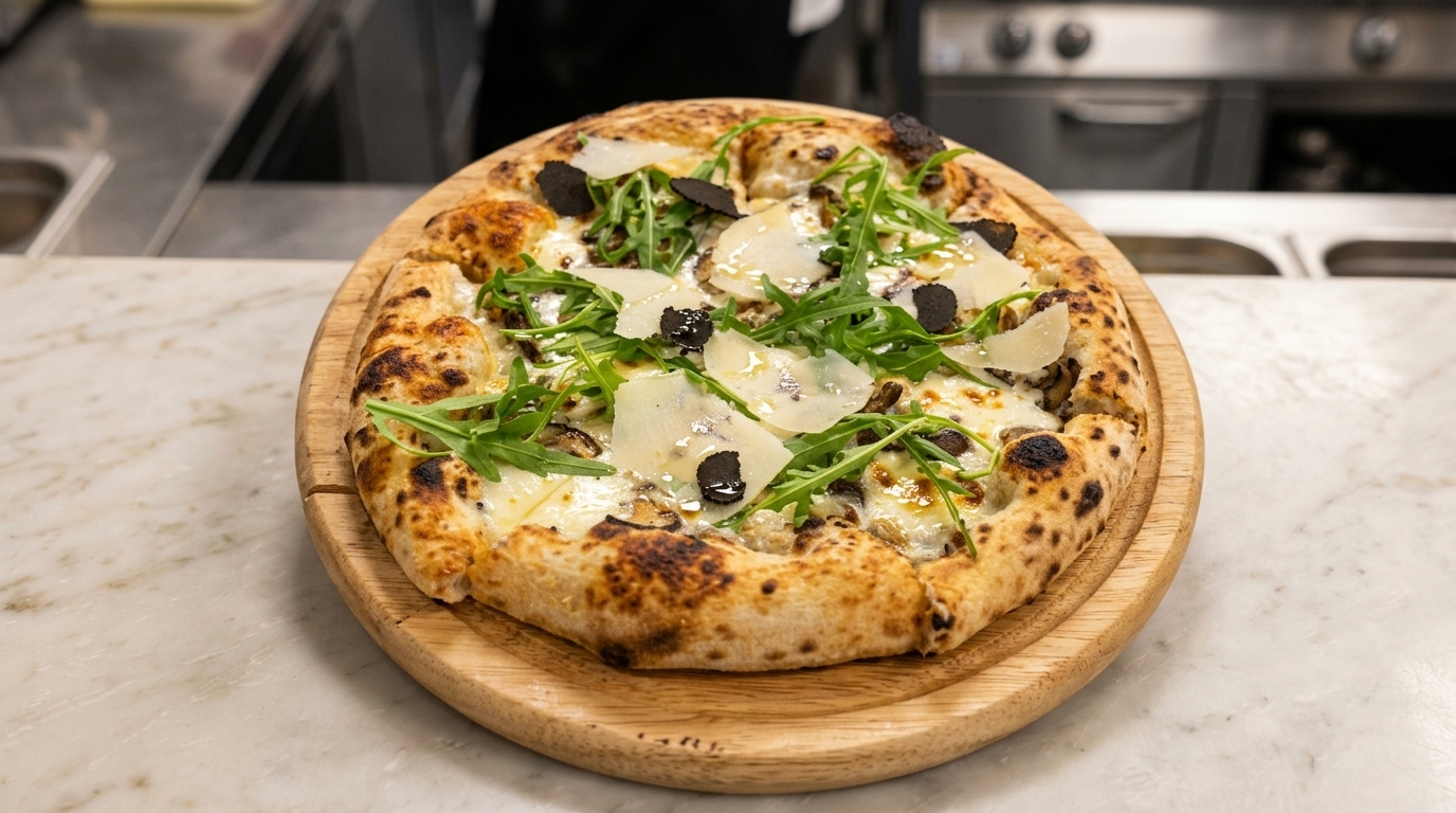 Pizza de Champiñones y Trufa Negra con Salsa Blanca Cremosa