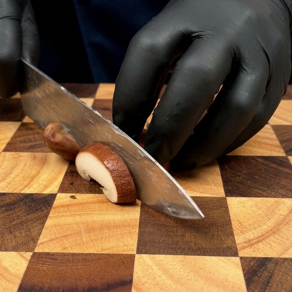 Manos con guantes laminando un champiñón marrón fresco sobre una tabla de cortar de madera con un cuchillo de chef.