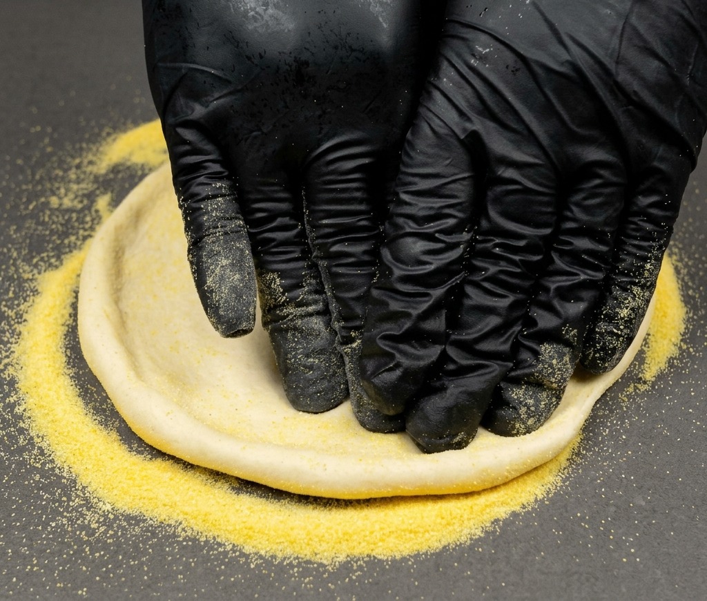 Manos con guantes negros presionando una pieza redonda de masa de pizza sobre una superficie gris con harina de maíz amarilla.
