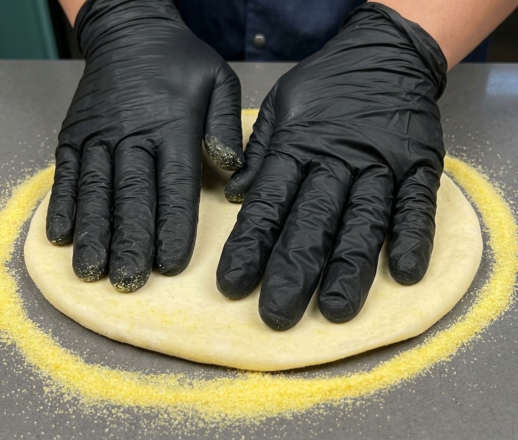 Manos con guantes negros estirando una base circular de masa de pizza sobre un mostrador con harina de maíz.