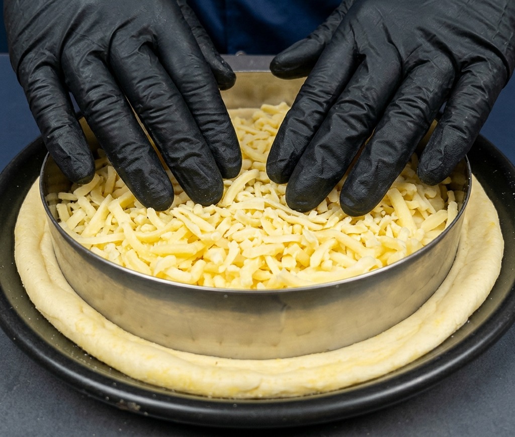 Manos con guantes negros extendiendo una capa gruesa de mozzarella rallada sobre la masa dentro de un aro metálico.