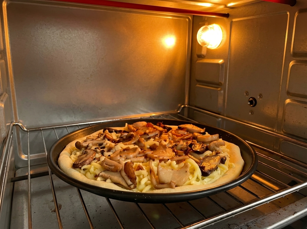 Una pizza de champiñones totalmente montada sobre una bandeja redonda negra dentro de un horno encendido.