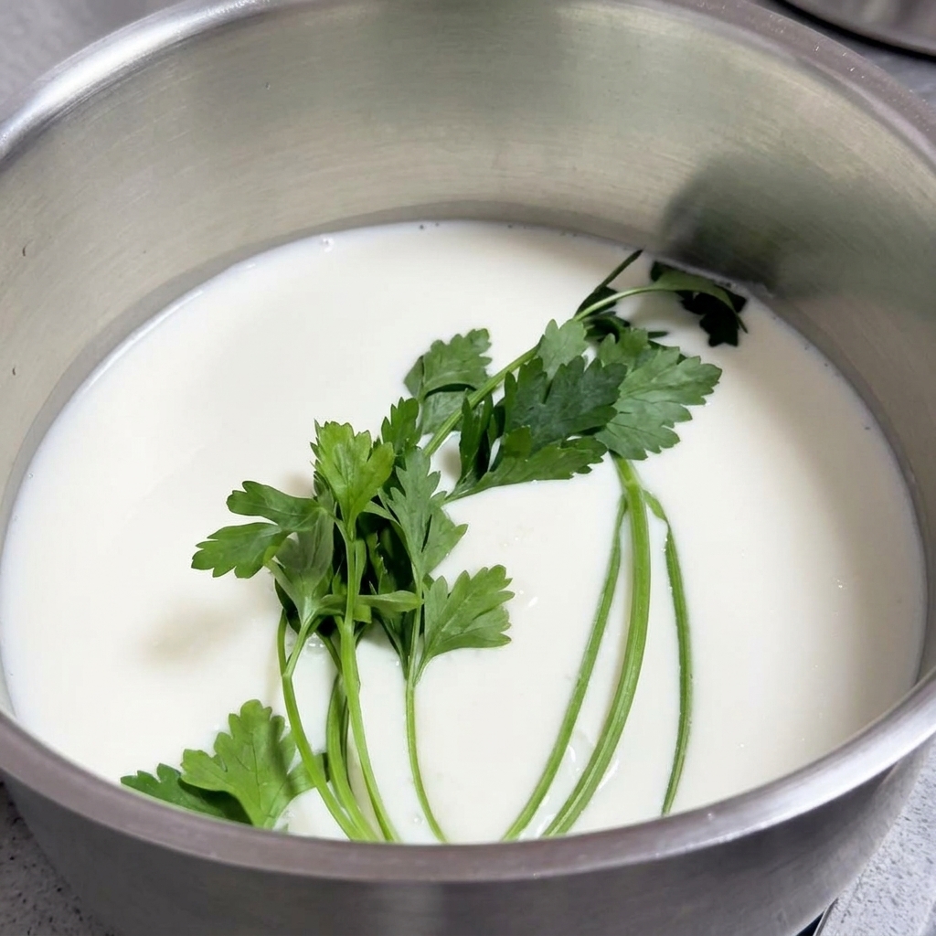 Una olla con leche blanca que contiene una rama de perejil fresco y otros aromáticos.