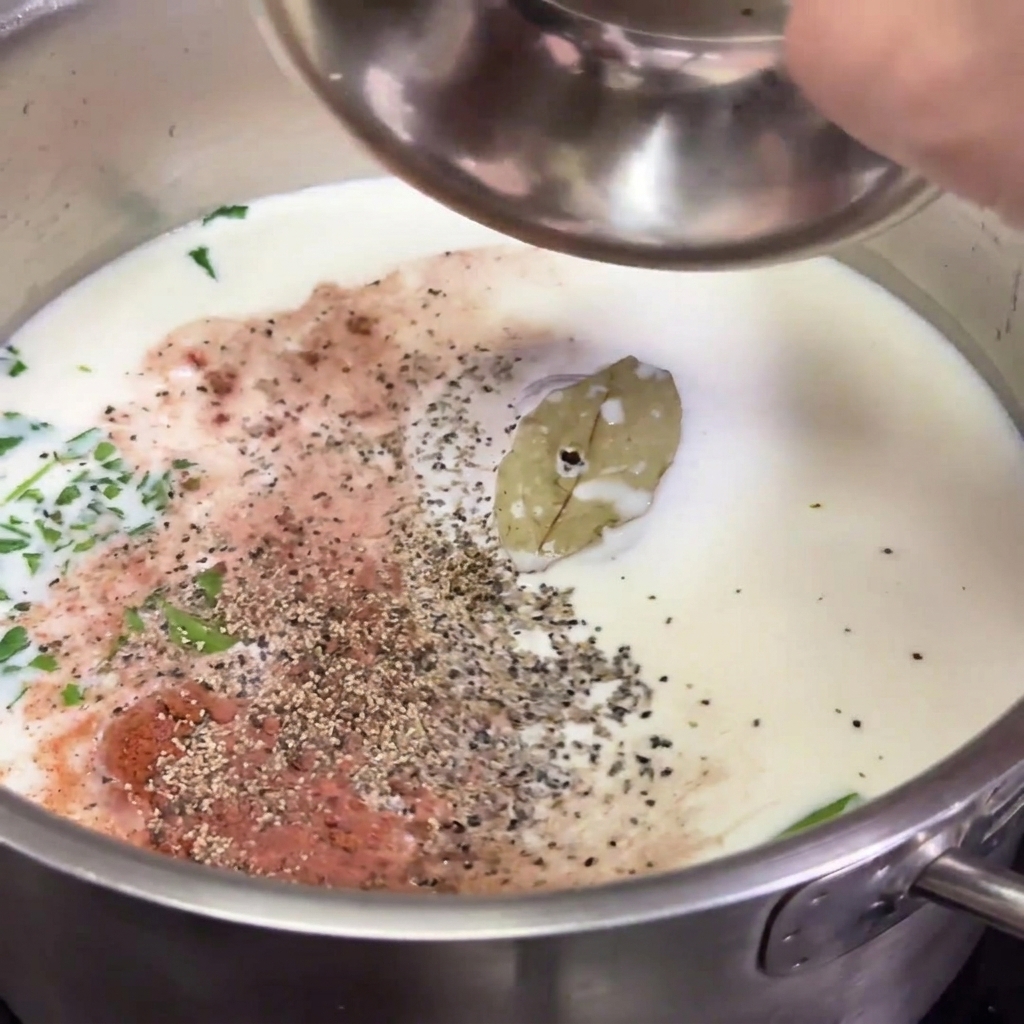 Especias como sal, pimienta y nuez moscada cayendo sobre la leche infusionada.