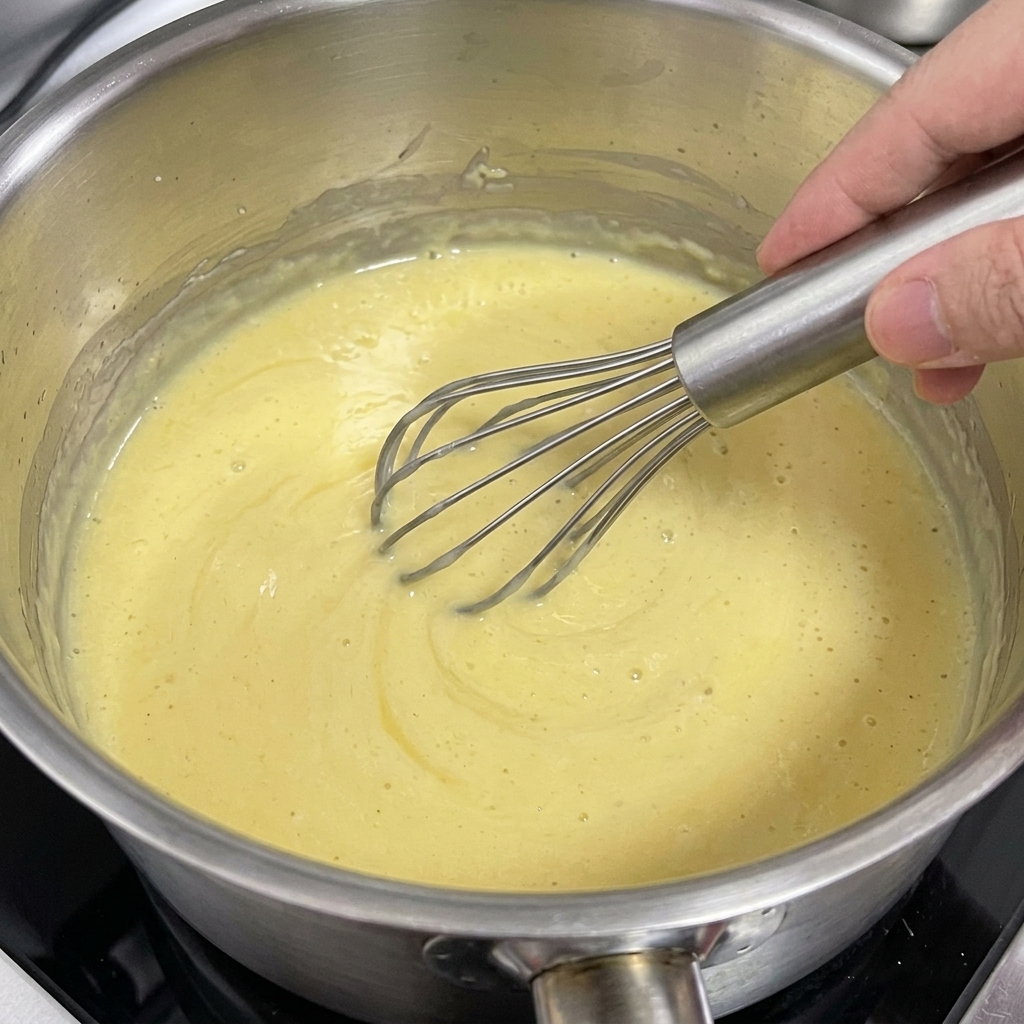 Un batidor de varillas mezclando una pasta suave y amarilla en una olla.