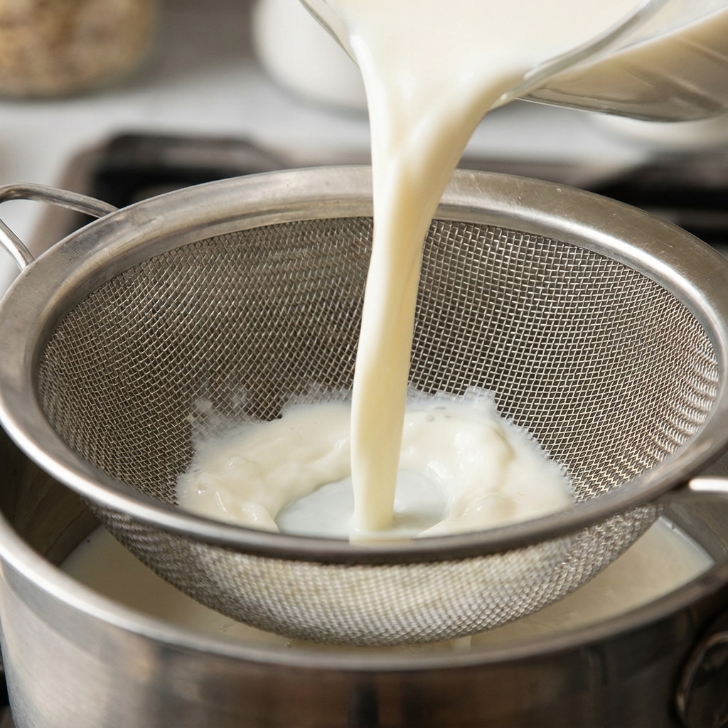 Leche caliente pasando por un colador hacia la olla que contiene el roux.
