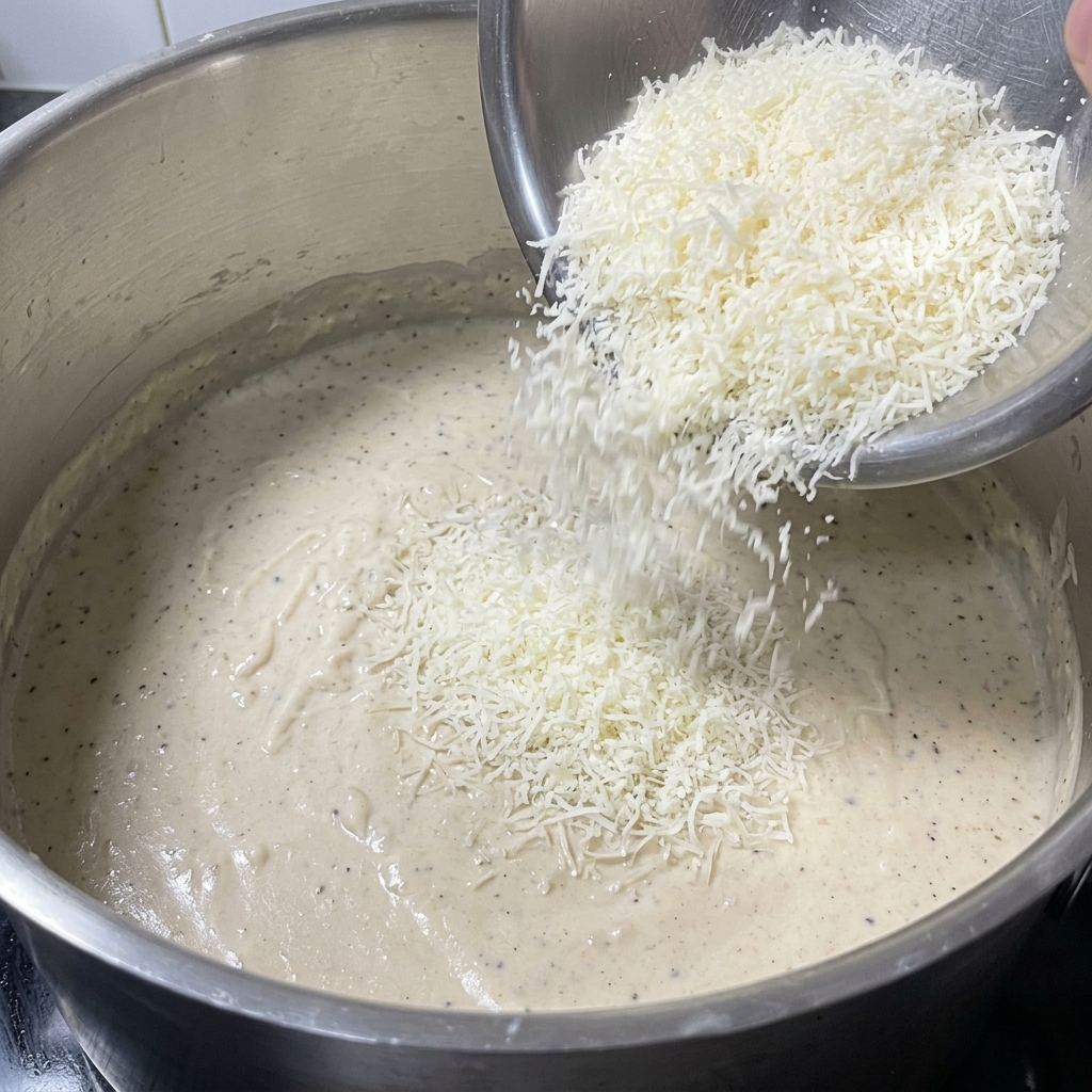 Queso parmesano rallado cayendo sobre la salsa blanca cremosa.