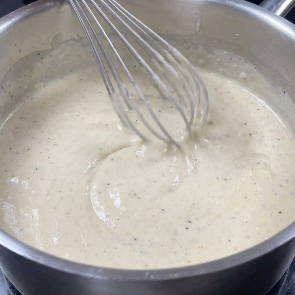 Varillas batiendo una salsa blanca con motas oscuras en una olla de acero.