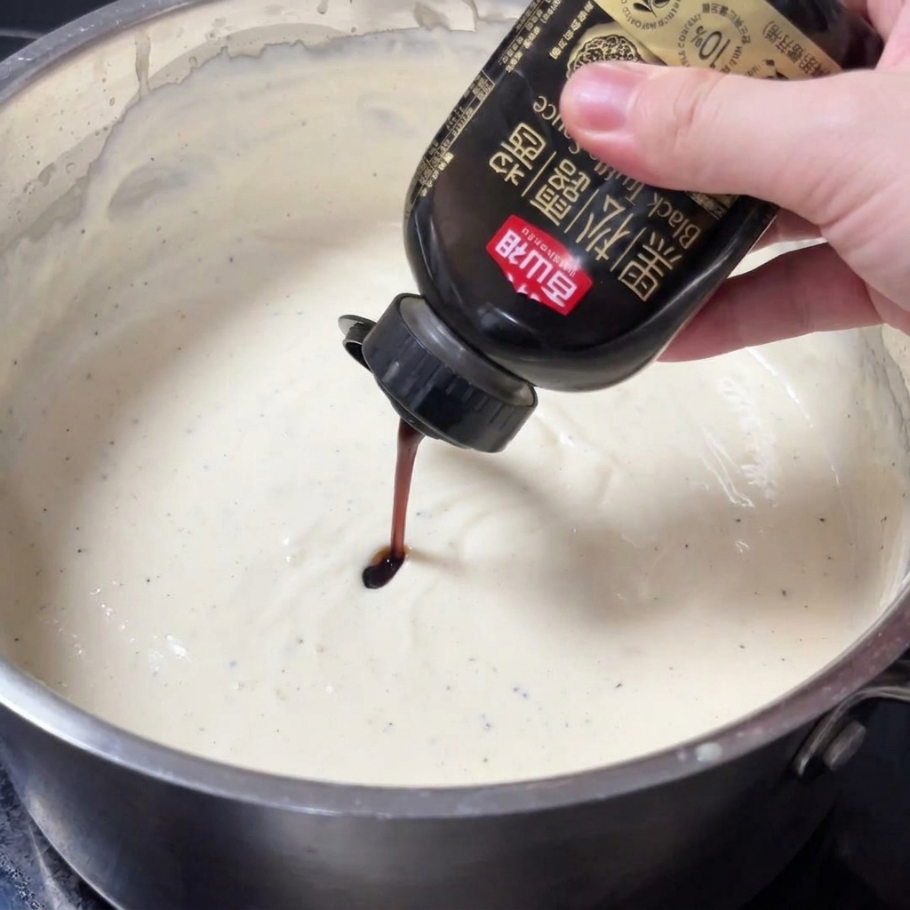 Una mano exprimiendo salsa de trufa negra sobre una base de bechamel espesa.